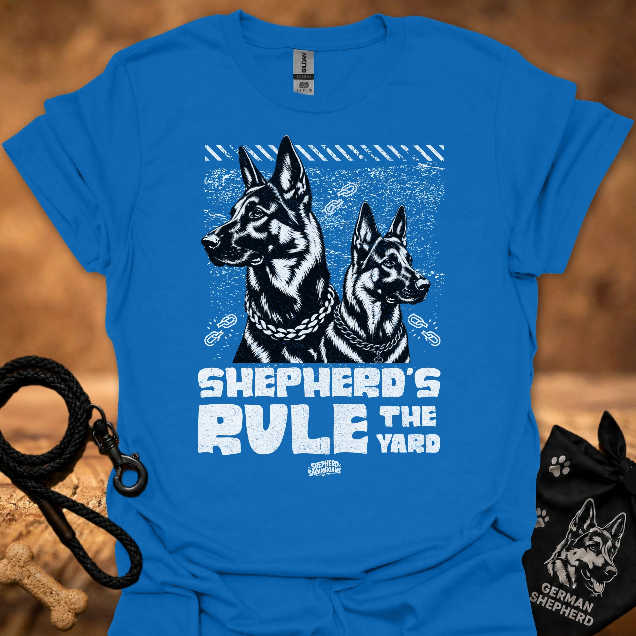 Blue T-shirt with two German shepherd graphic and bold chest text