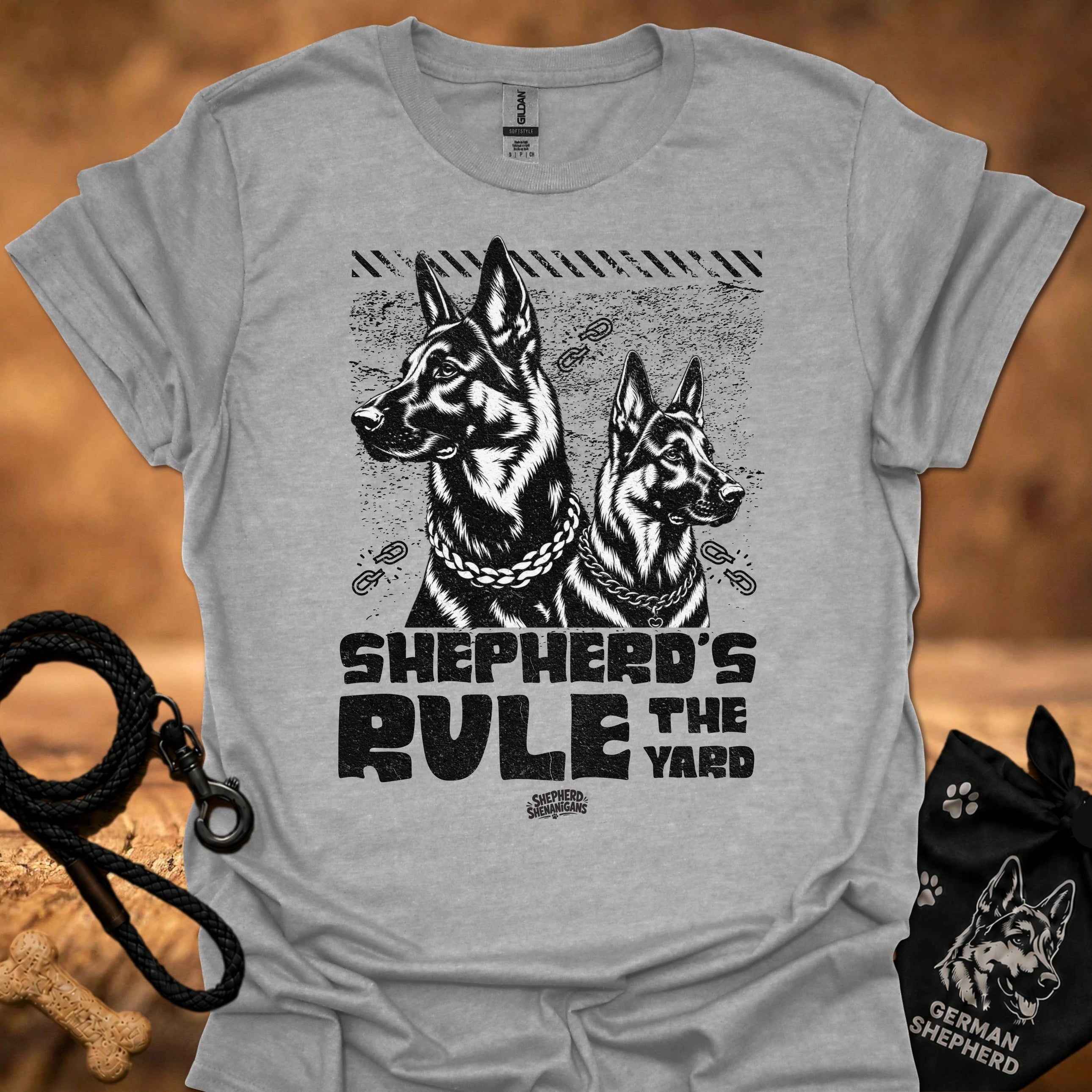 Heather gray T-shirt with two German shepherd graphic and bold chest text
