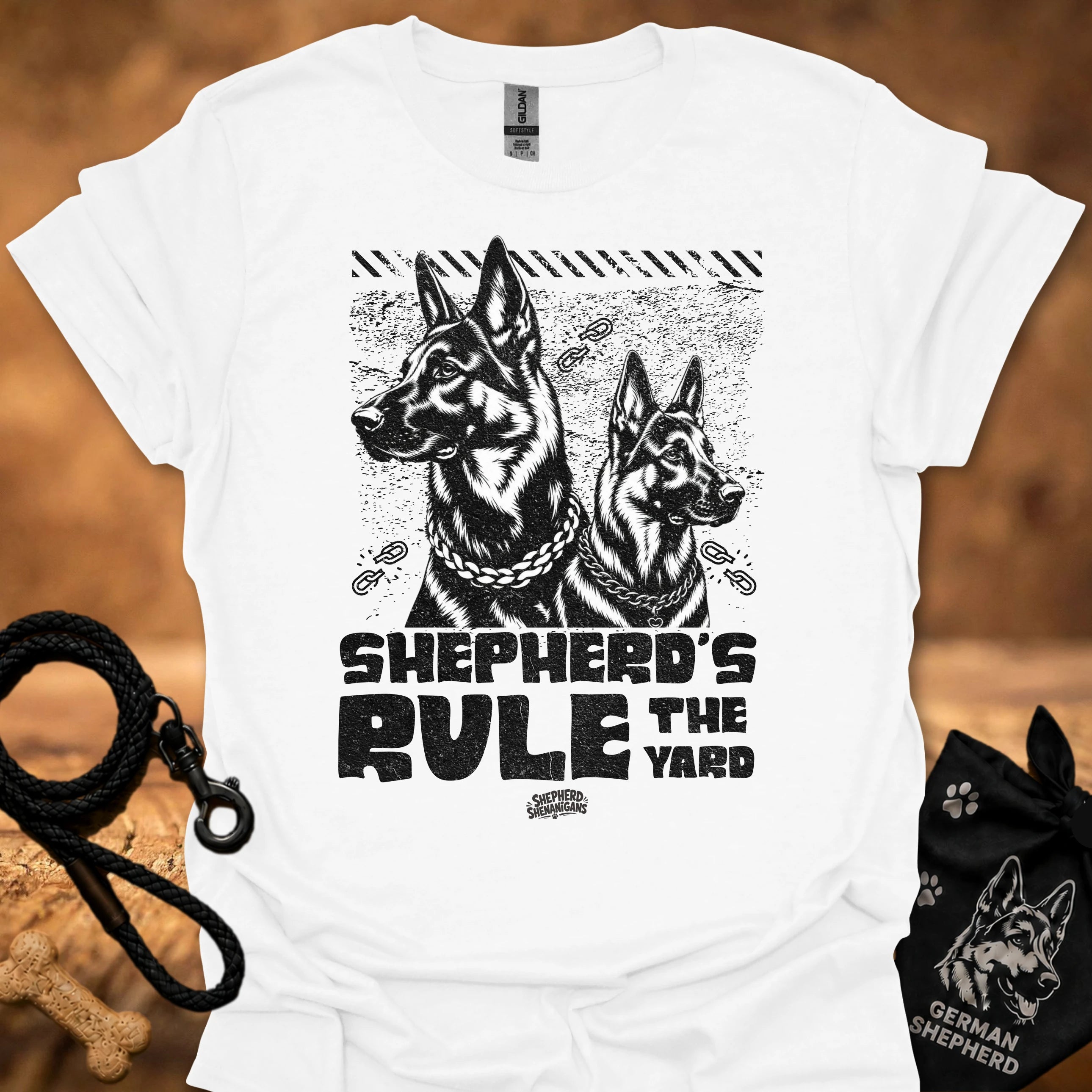 White T-shirt with two German shepherd graphic and bold chest text