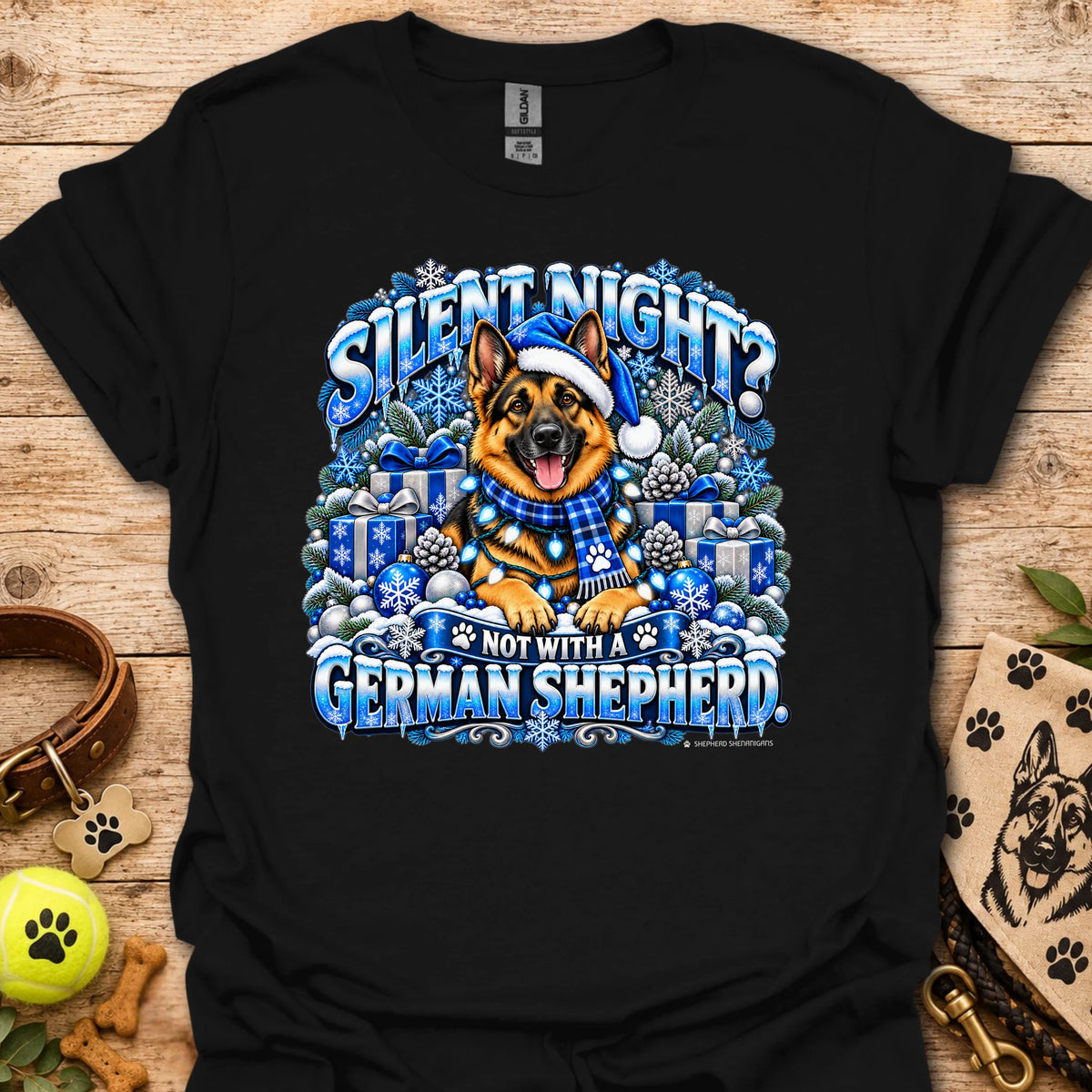 Black graphic T-shirt with German shepherd in winter scene on chest