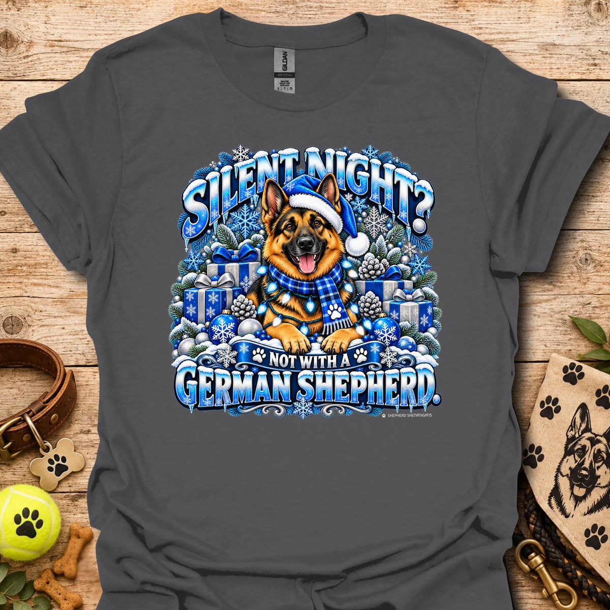 Dark charcoal graphic T-shirt with German shepherd in winter scene on chest