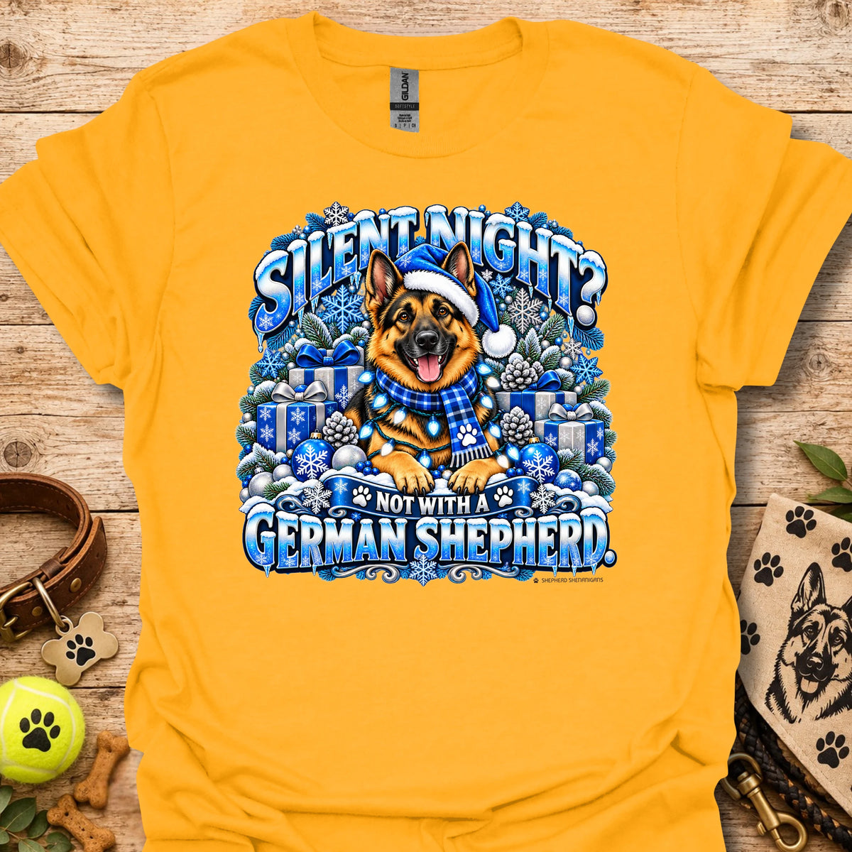 Yellow graphic T-shirt with German shepherd in winter scene on chest