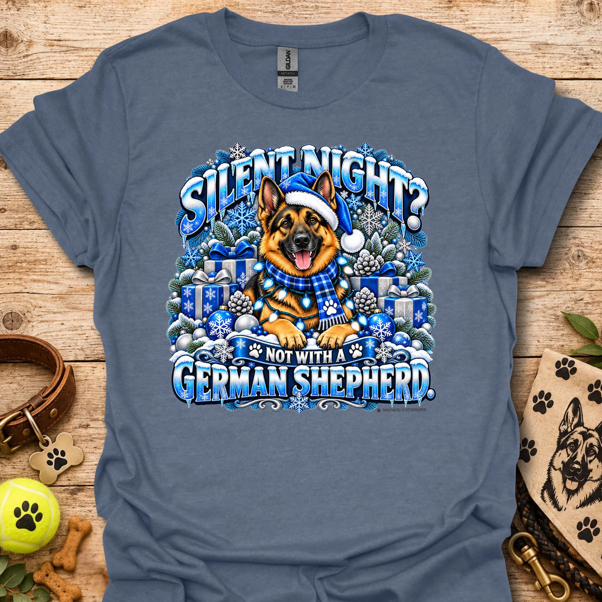 Steel blue graphic T-shirt with German shepherd in winter scene on chest