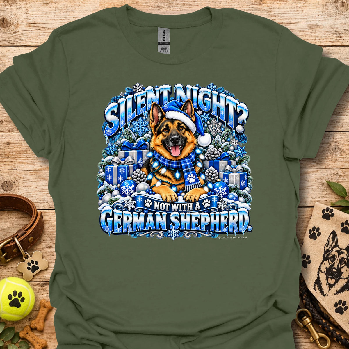 Olive green graphic T-shirt with German shepherd in winter scene on chest