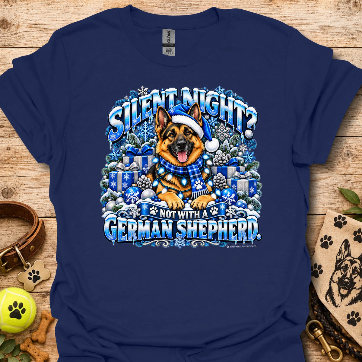 Navy graphic T-shirt with German shepherd in winter scene on chest