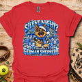 Red graphic T-shirt with German shepherd in winter scene on chest