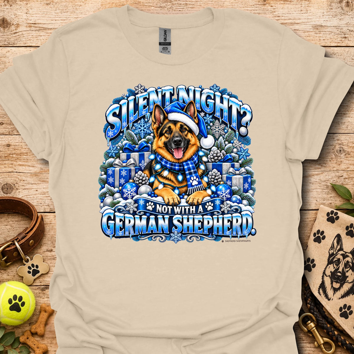 Beige graphic T-shirt with German shepherd in winter scene on chest