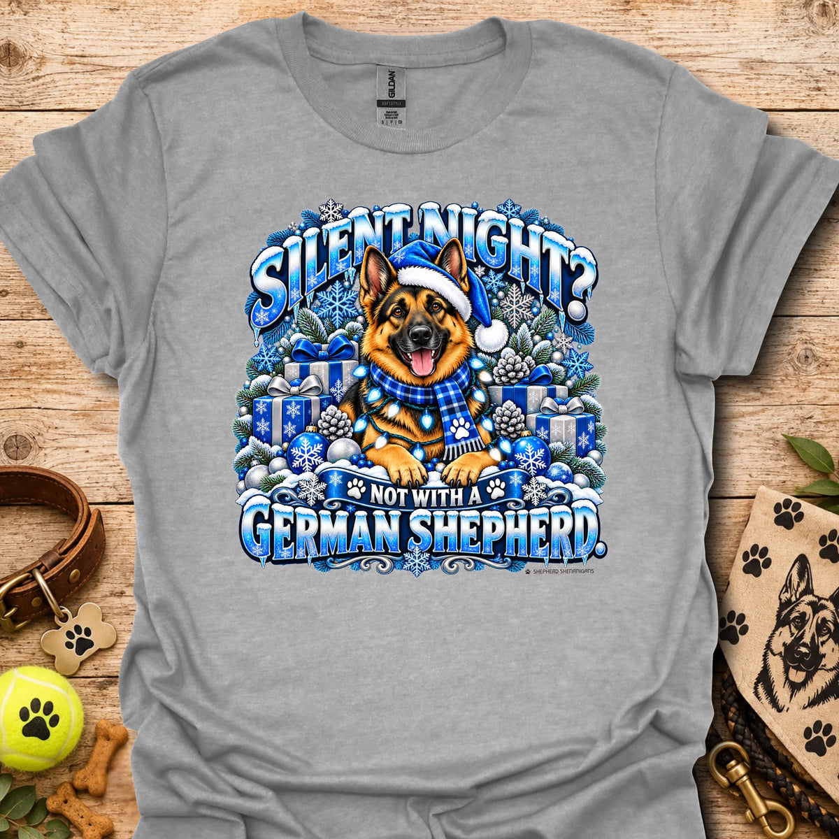 Heather gray graphic T-shirt with German shepherd in winter scene on chest