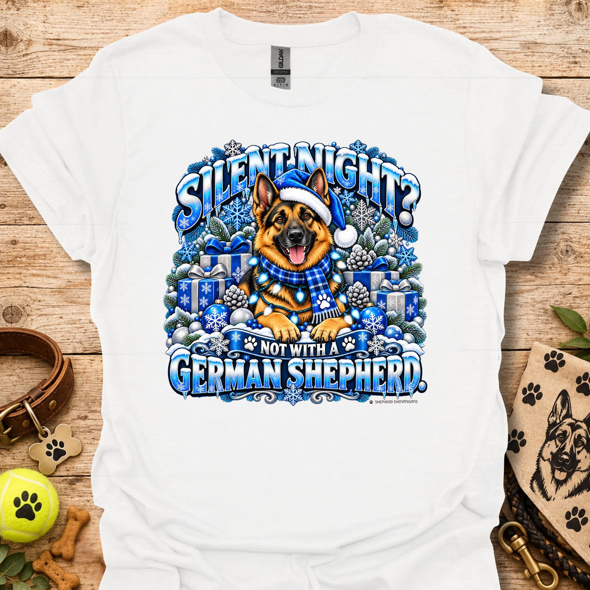 White graphic T-shirt with German shepherd in winter scene on chest