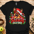 Black t-shirt with 'Sleigh All Day' holiday cartoon dog graphic