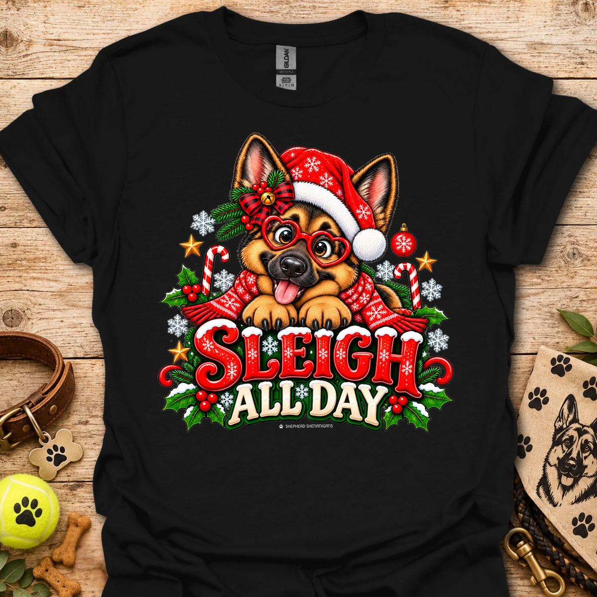 Black t-shirt with 'Sleigh All Day' holiday cartoon dog graphic