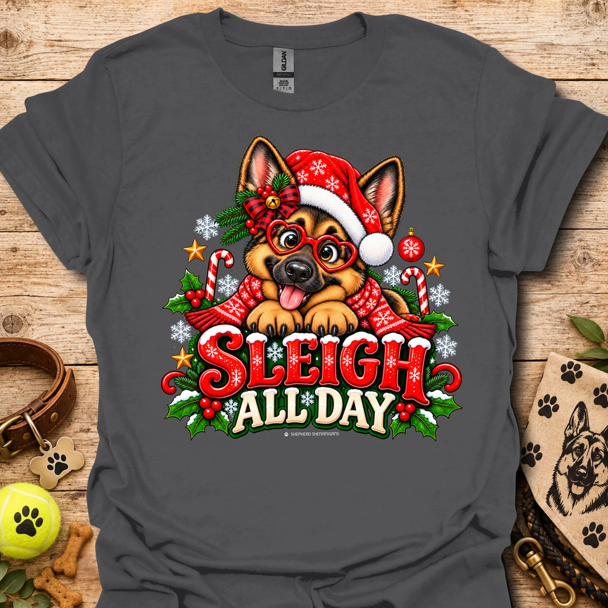 Charcoal t-shirt with 'Sleigh All Day' holiday cartoon dog graphic