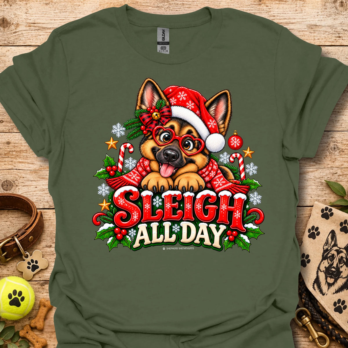 Military green t-shirt with 'Sleigh All Day' holiday cartoon dog graphic
