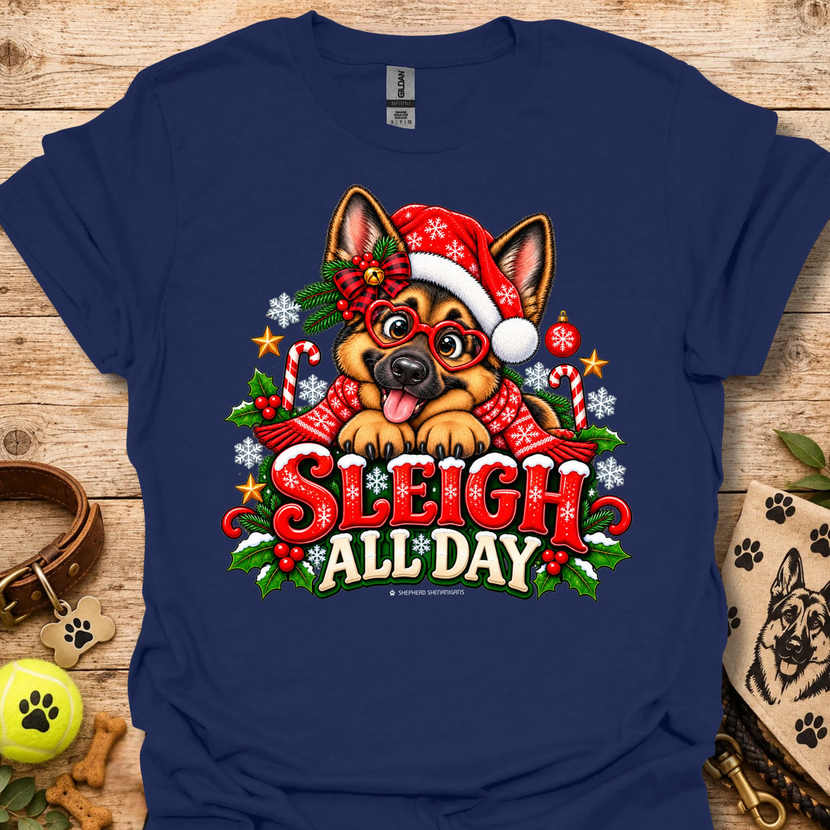 Navy t-shirt with 'Sleigh All Day' holiday cartoon dog graphic