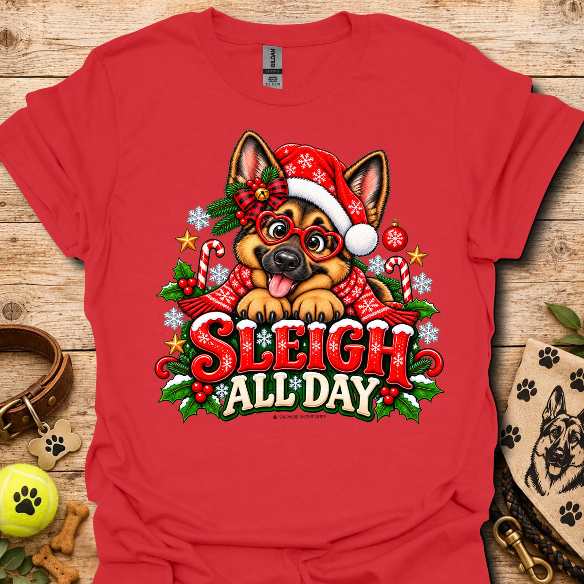 Red t-shirt with 'Sleigh All Day' holiday cartoon dog graphic