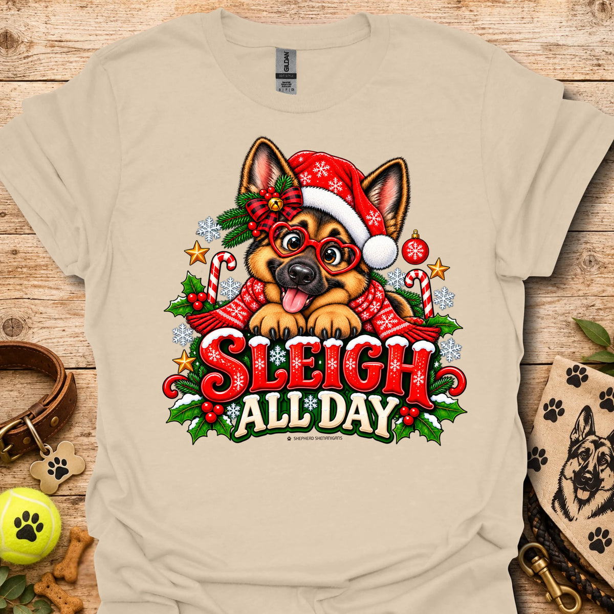Sand t-shirt with 'Sleigh All Day' holiday cartoon dog graphic