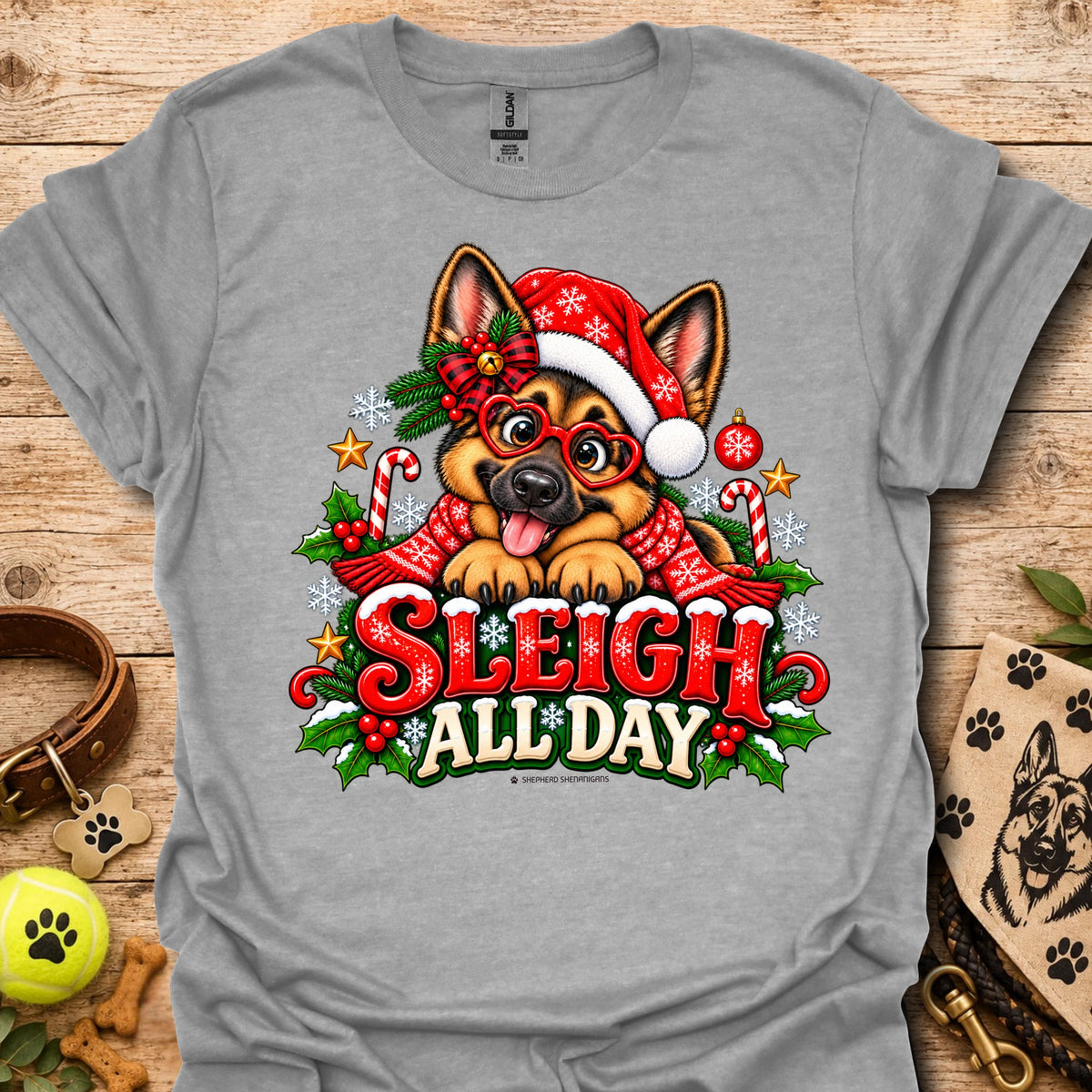 Heather gray t-shirt with 'Sleigh All Day' holiday cartoon dog graphic