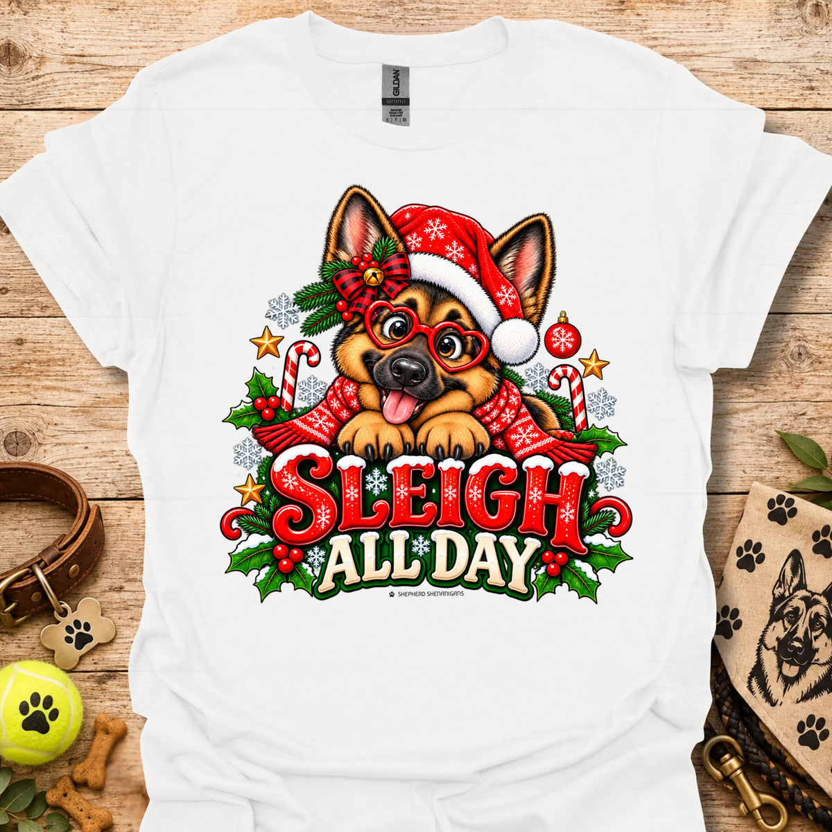 White t-shirt with 'Sleigh All Day' holiday cartoon dog graphic