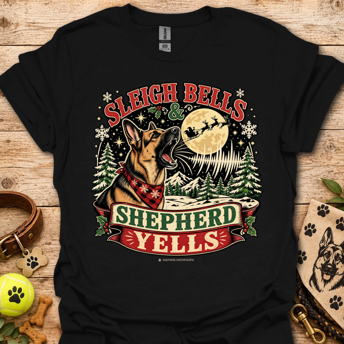 Black crewneck T-shirt with Sleigh Bells Shepherd Yells graphic