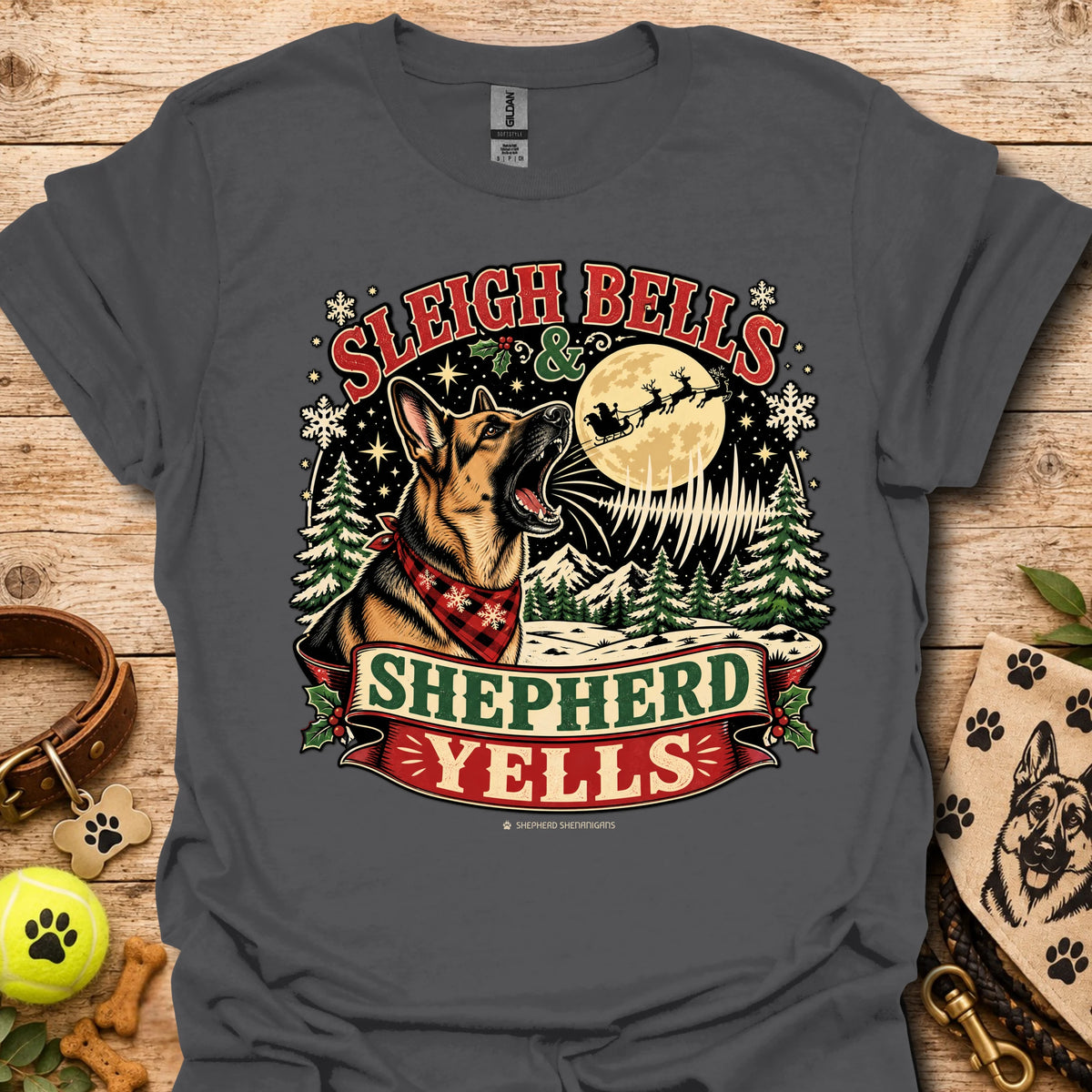 Charcoal crewneck T-shirt with Sleigh Bells Shepherd Yells graphic