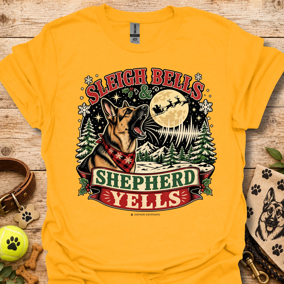 Gold crewneck T-shirt with Sleigh Bells Shepherd Yells graphic