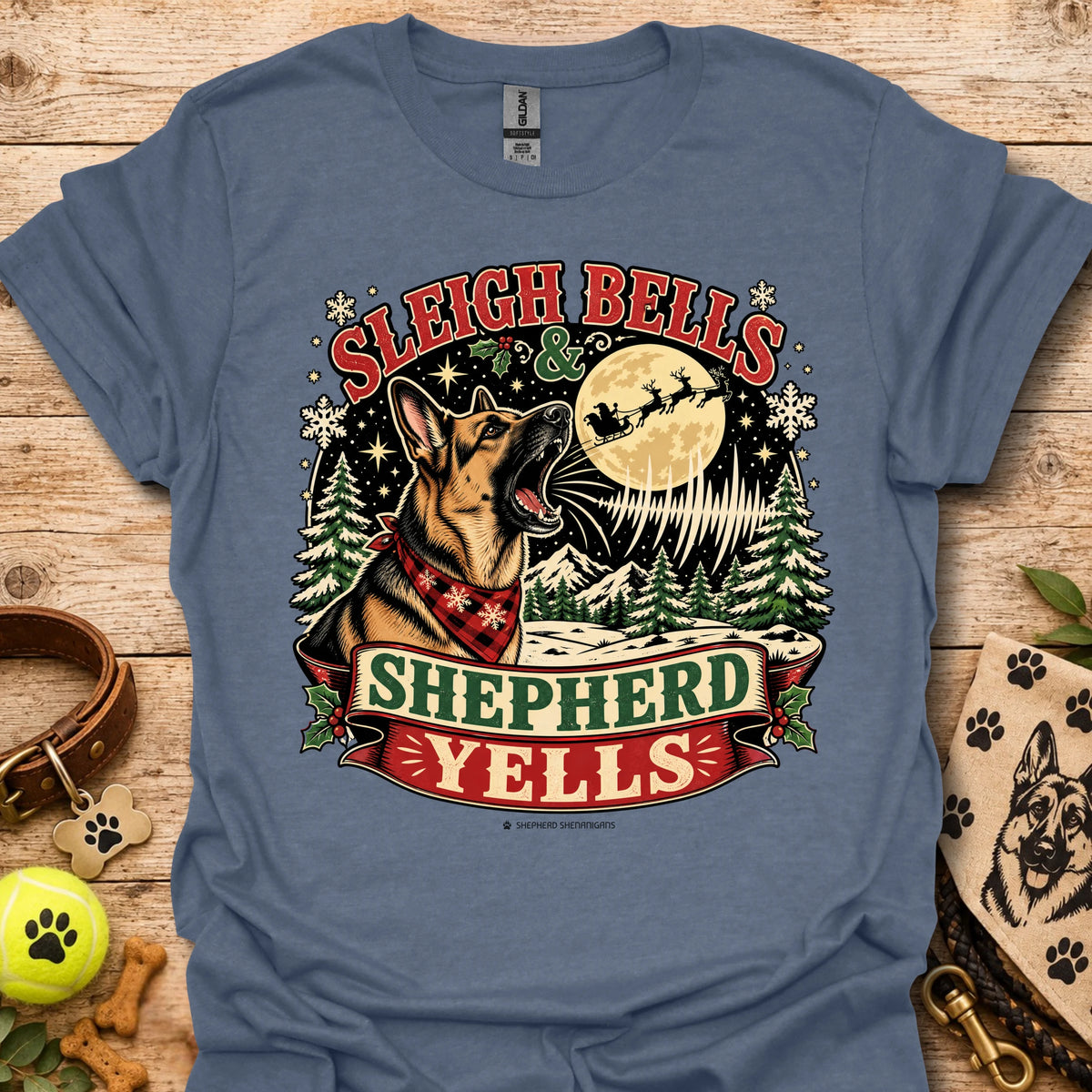 Heather indigo crewneck T-shirt with Sleigh Bells Shepherd Yells graphic