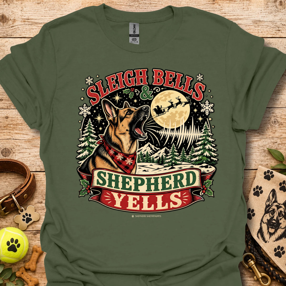 Military green crewneck T-shirt with Sleigh Bells Shepherd Yells graphic