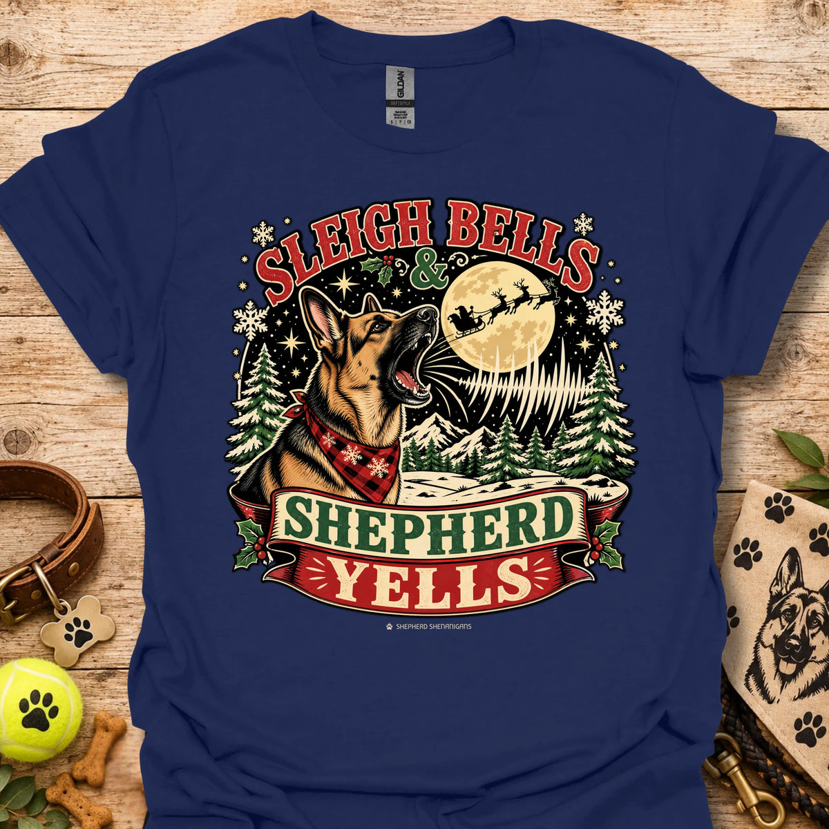 Navy crewneck T-shirt with Sleigh Bells Shepherd Yells graphic