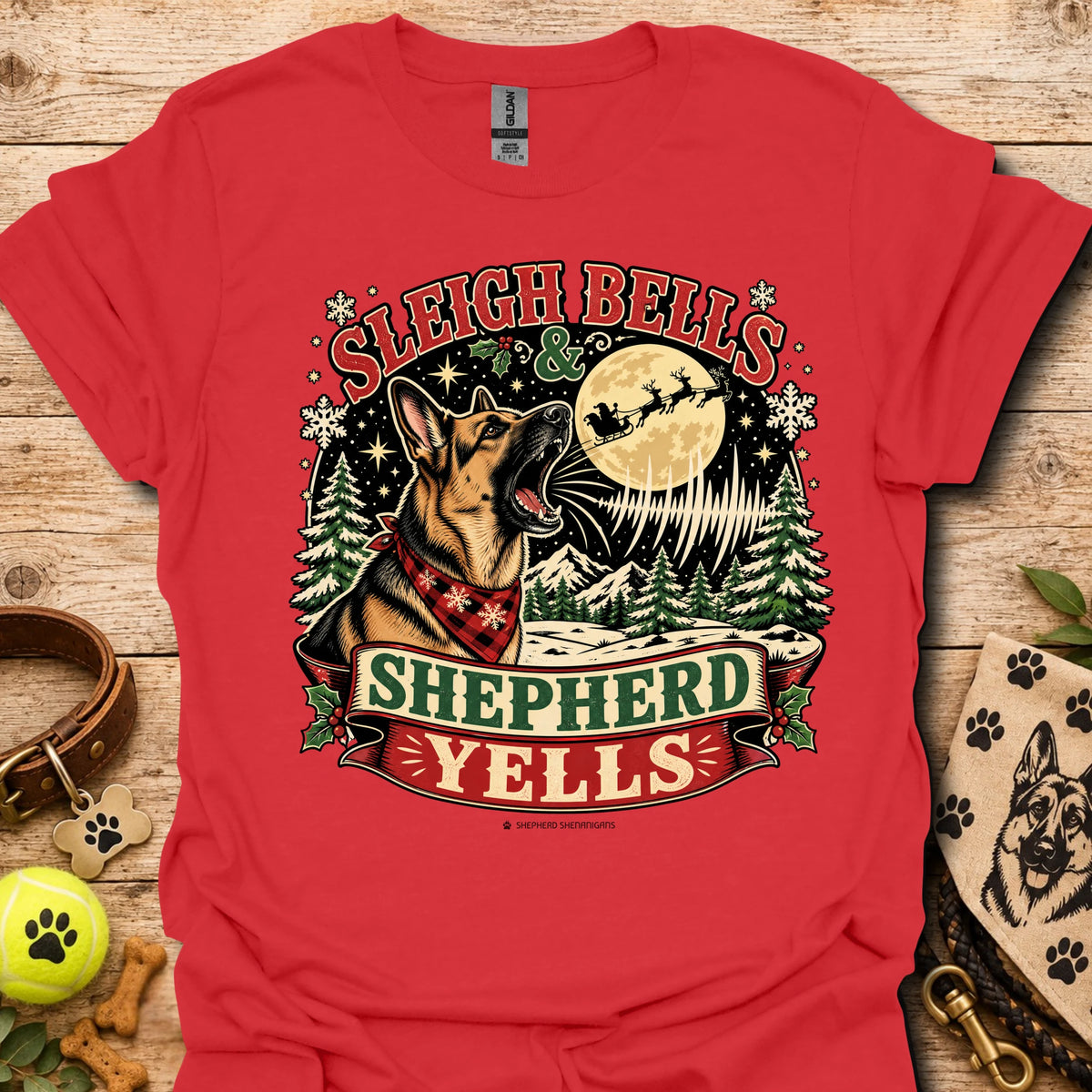Red crewneck T-shirt with Sleigh Bells Shepherd Yells graphic