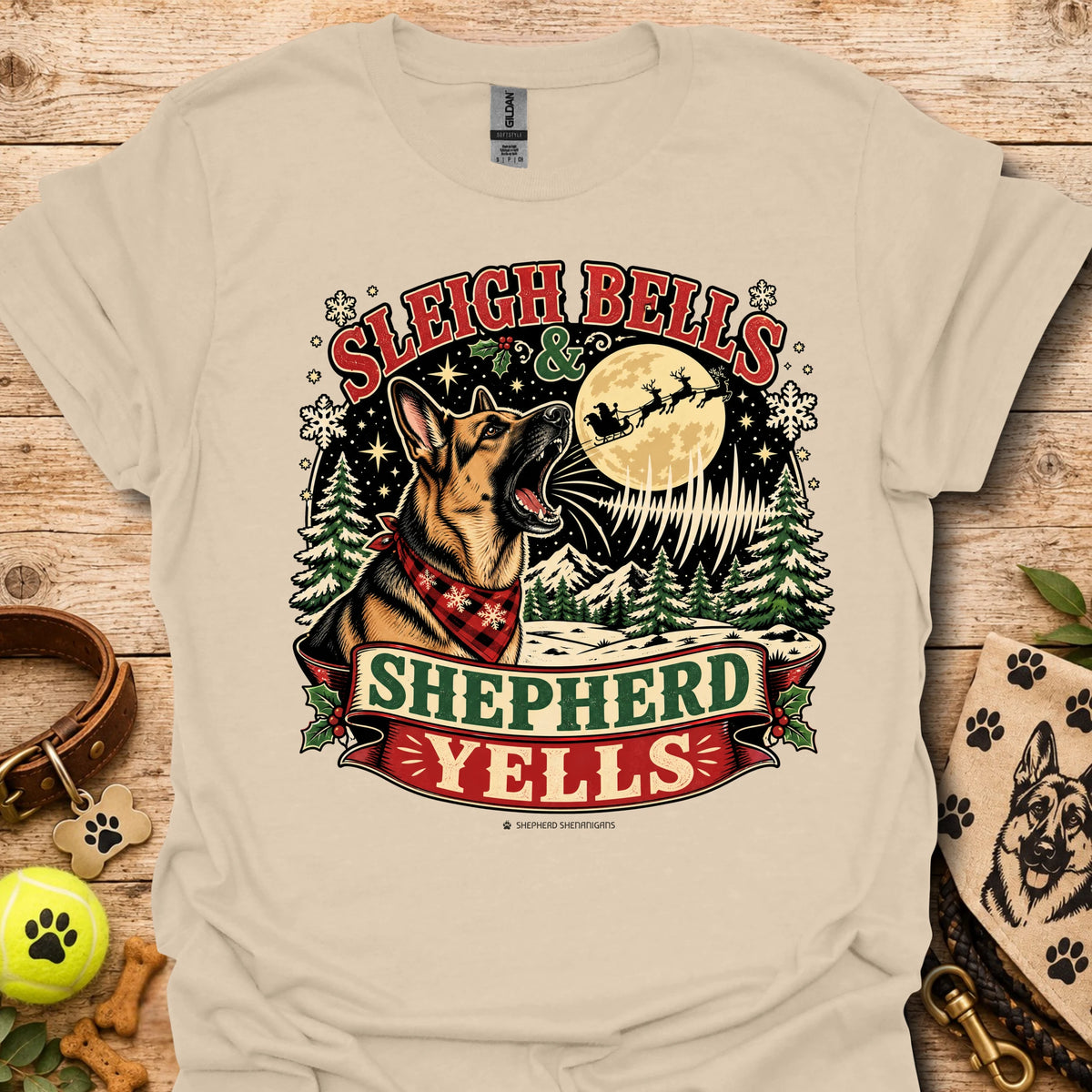 Sand crewneck T-shirt with Sleigh Bells Shepherd Yells graphic