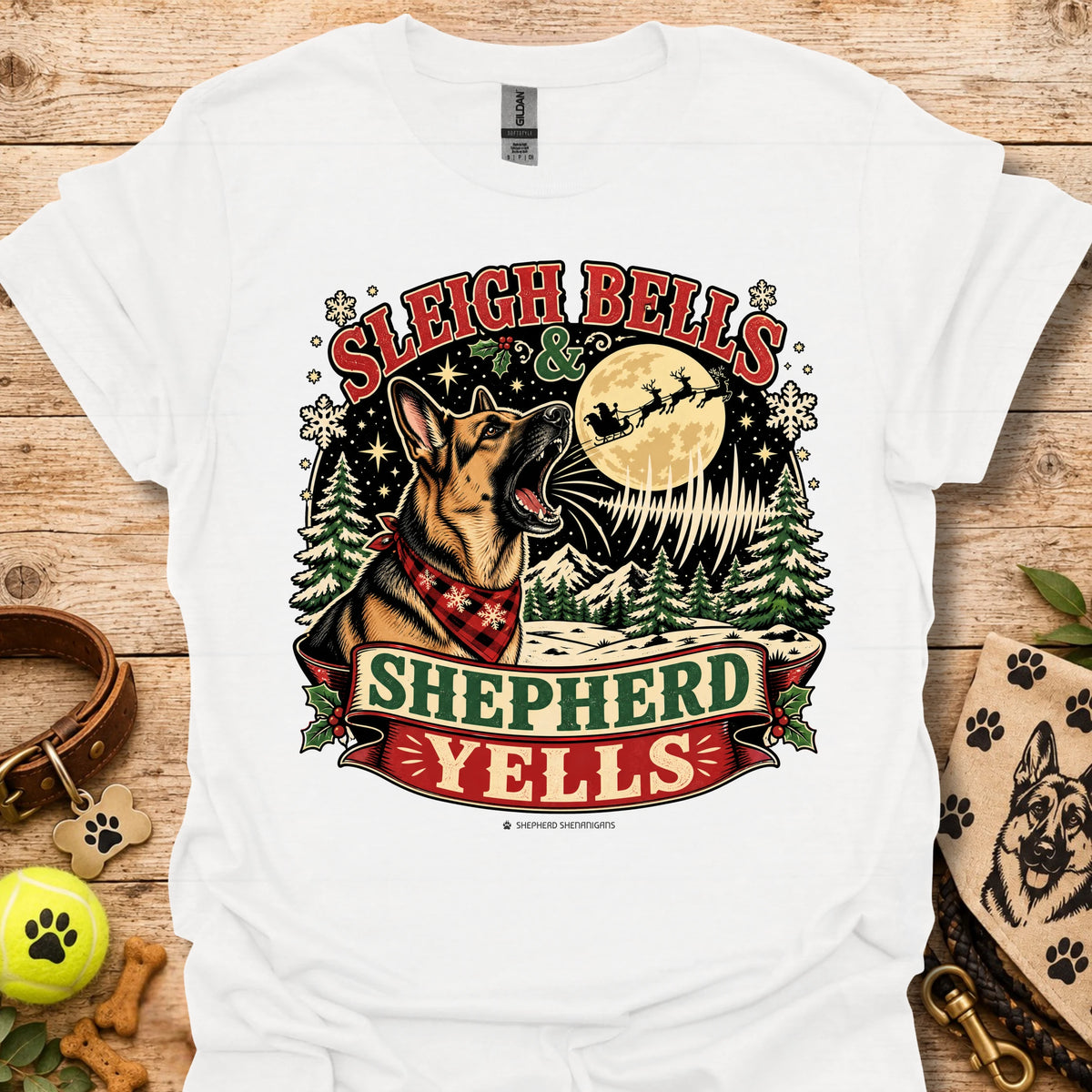White crewneck T-shirt with Sleigh Bells Shepherd Yells graphic