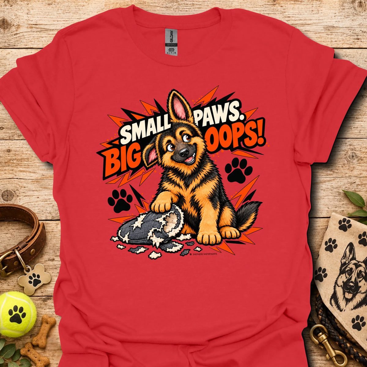 Red graphic T-shirt with cartoon dog and paw print burst