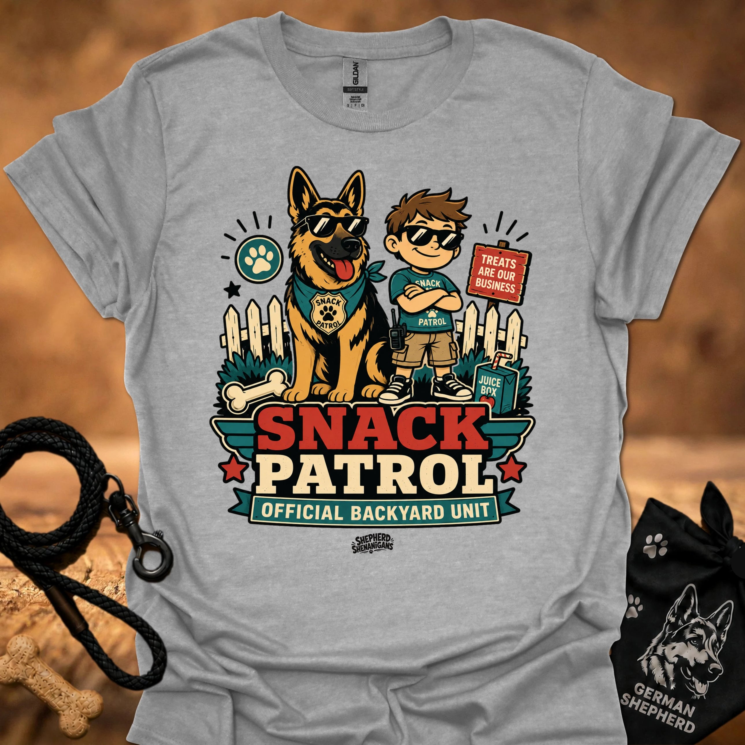 Sport gray graphic T-shirt with dog and boy print, Snack Patrol front text, crew neck.