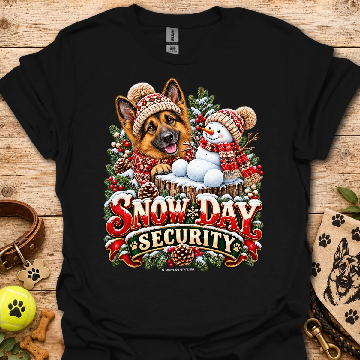 Black crew-neck T-shirt with winter dog and snowman graphic