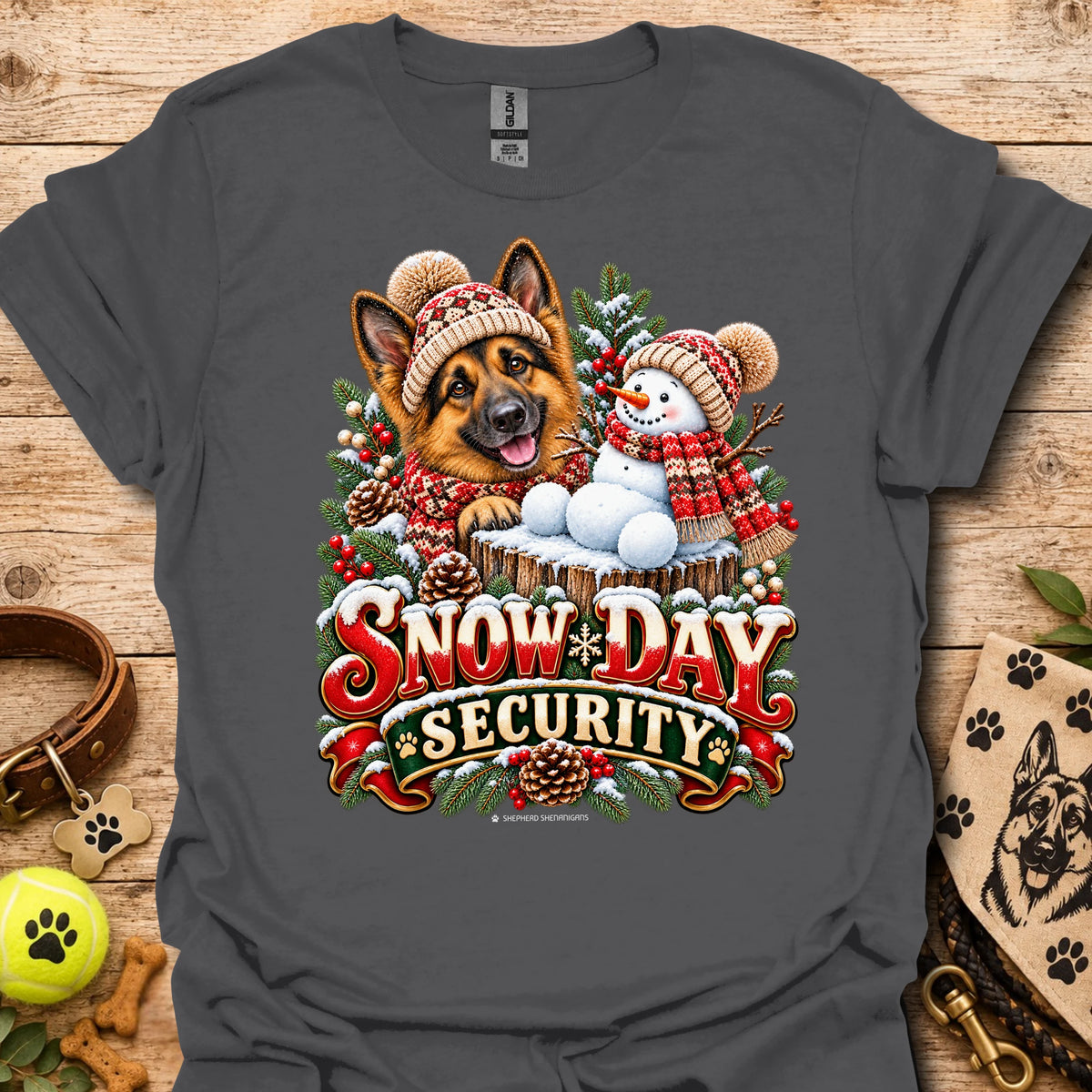 Charcoal crew-neck T-shirt with winter dog and snowman graphic