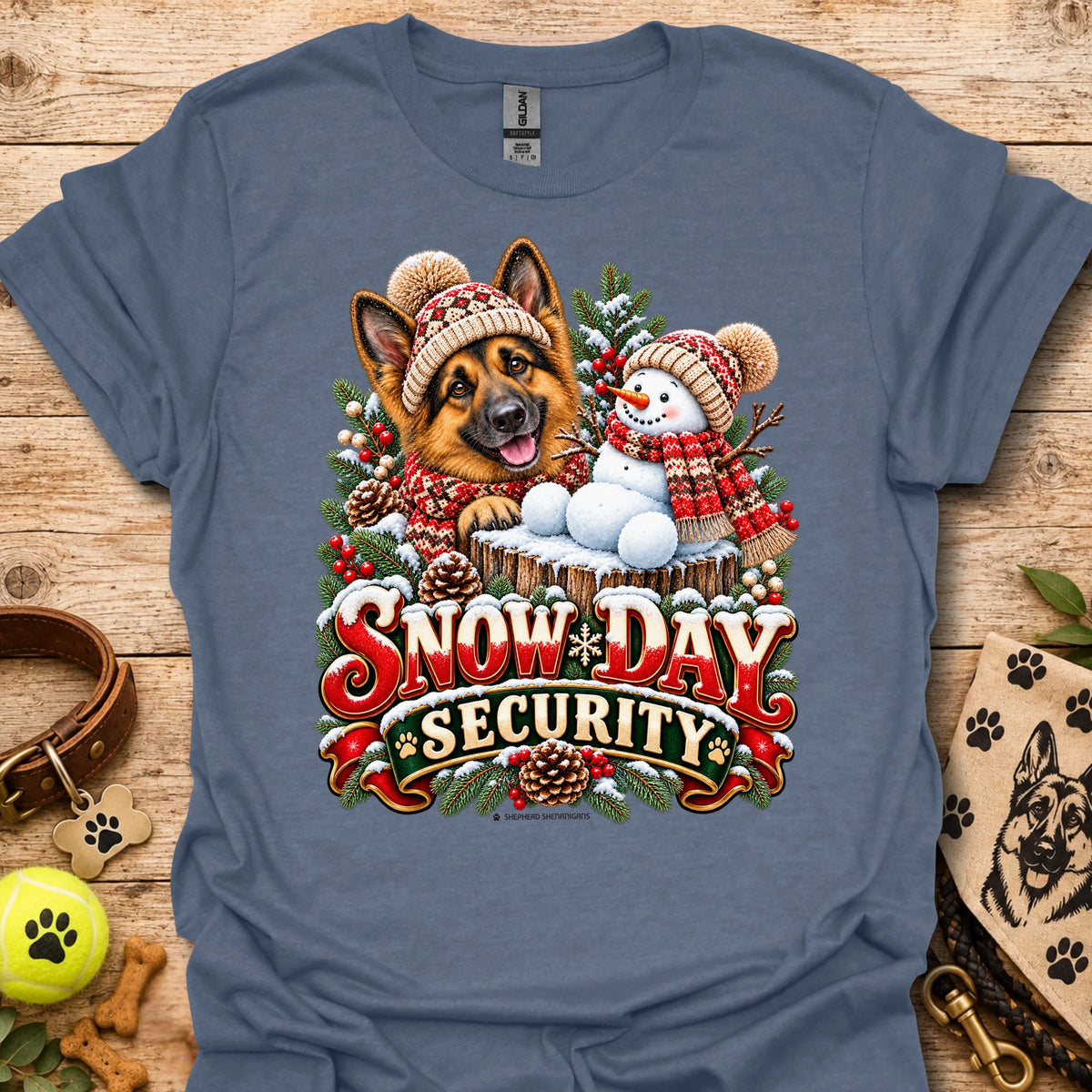 Steel blue crew-neck T-shirt with winter dog and snowman graphic