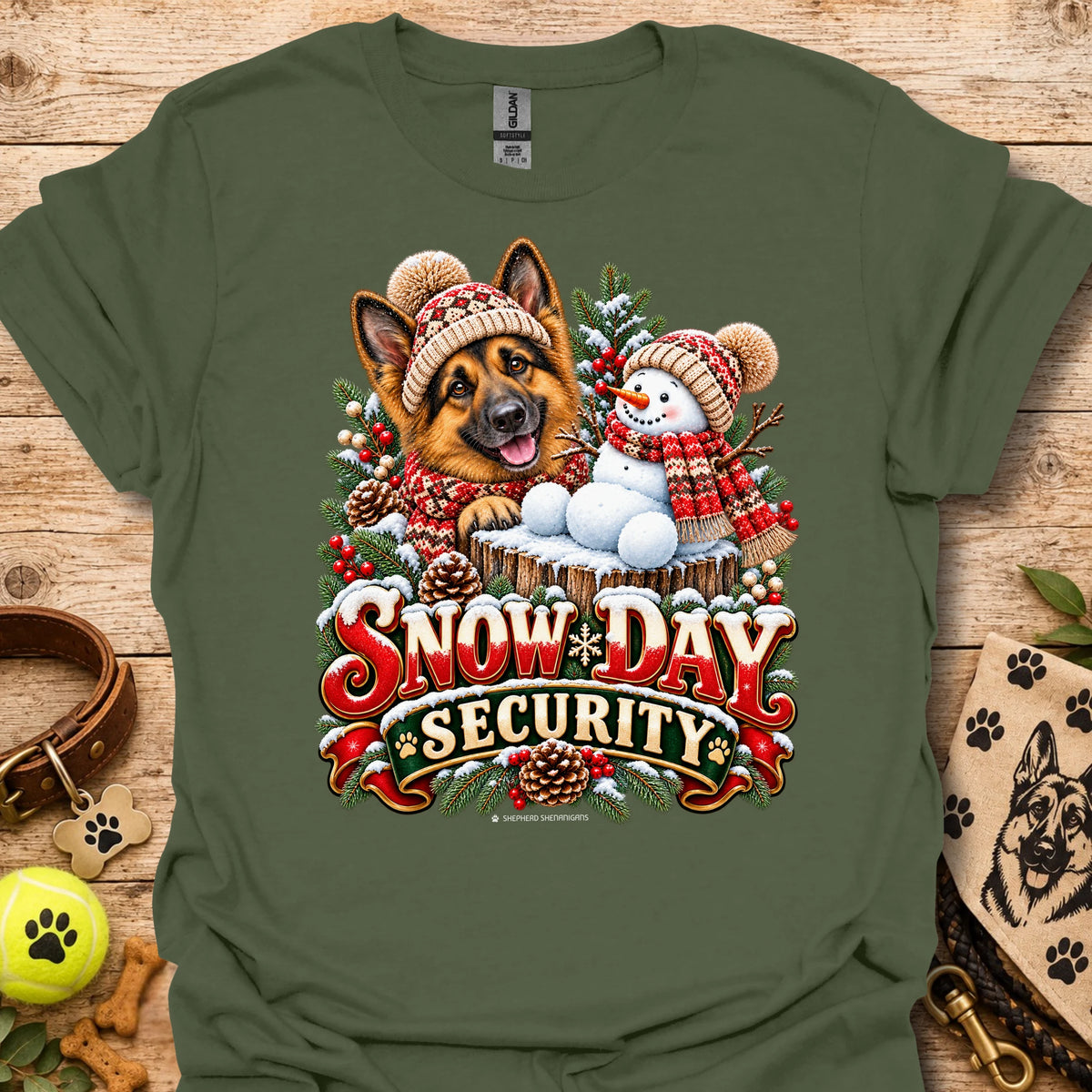 Military green crew-neck T-shirt with winter dog and snowman graphic