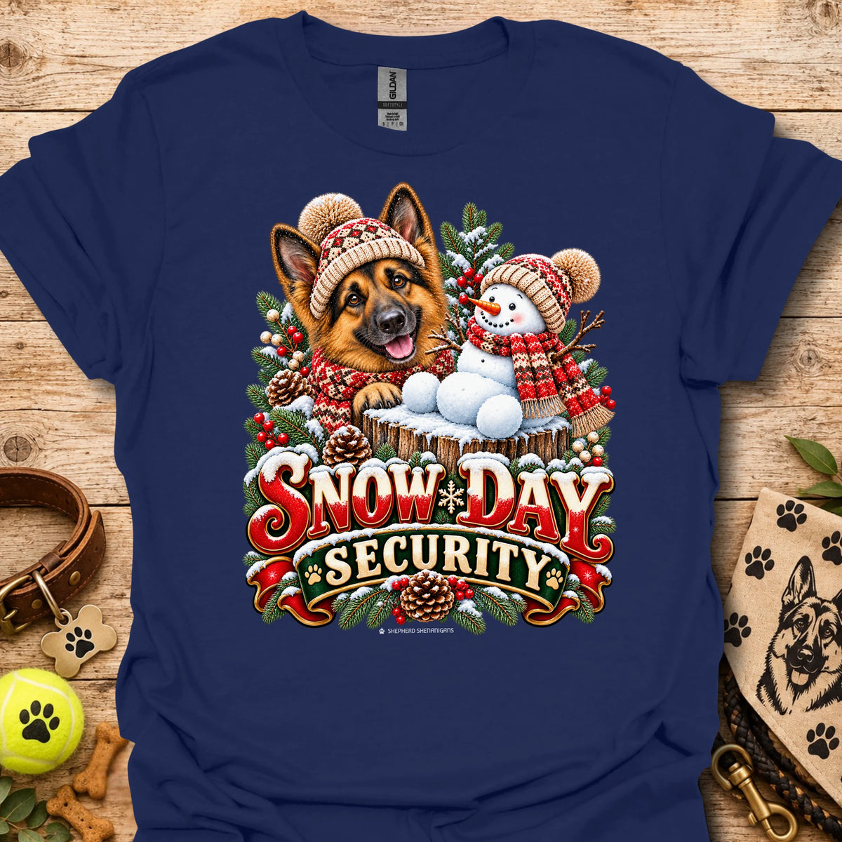 Navy crew-neck T-shirt with winter dog and snowman graphic