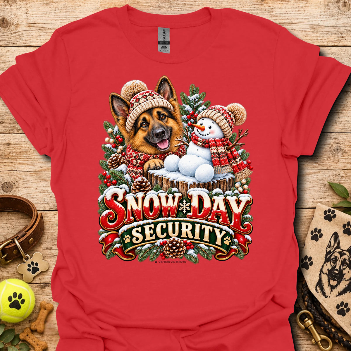 Red crew-neck T-shirt with winter dog and snowman graphic