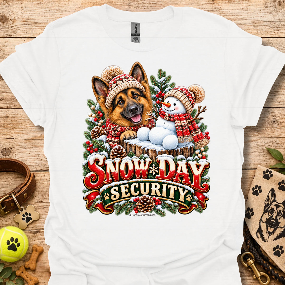 White crew-neck T-shirt with winter dog and snowman graphic