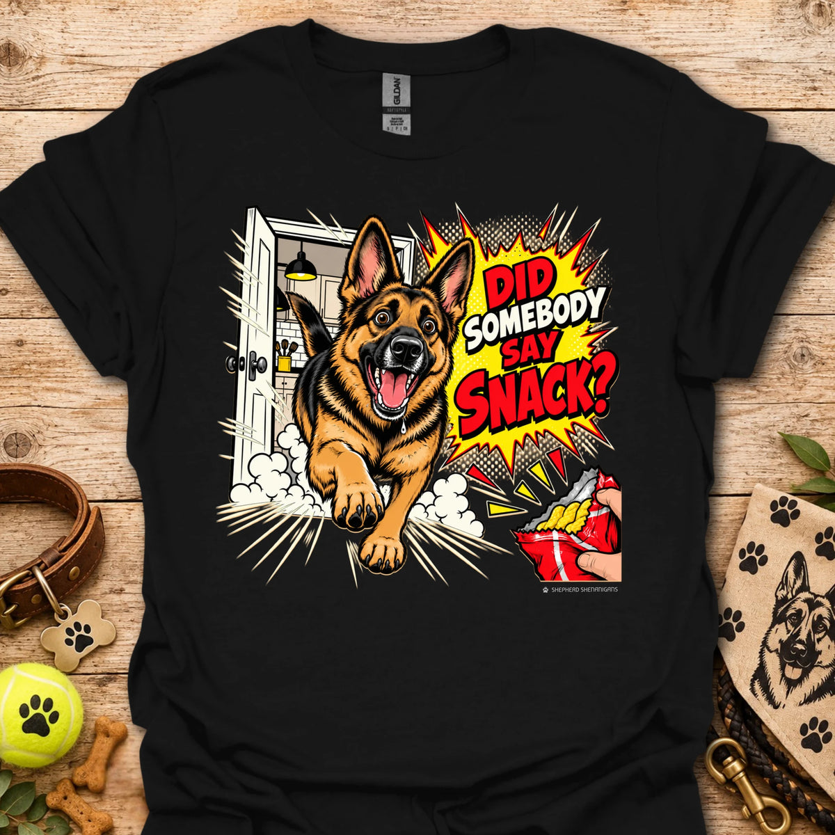 Black t-shirt with German shepherd snack graphic