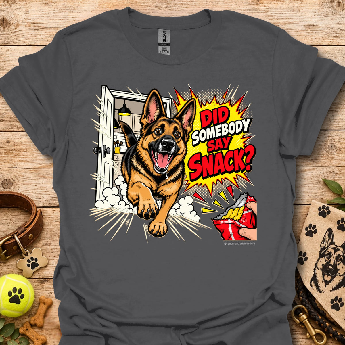 Charcoal t-shirt with German shepherd snack graphic