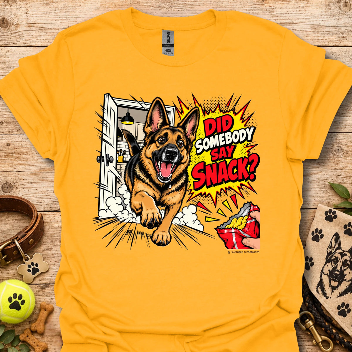 Gold t-shirt with German shepherd snack graphic