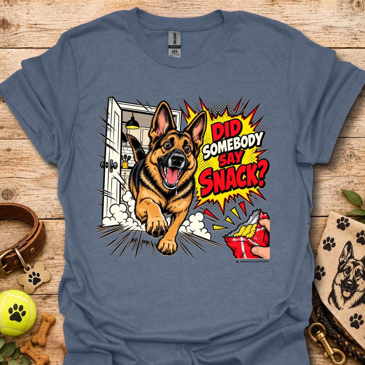 Heather indigo t-shirt with German shepherd snack graphic