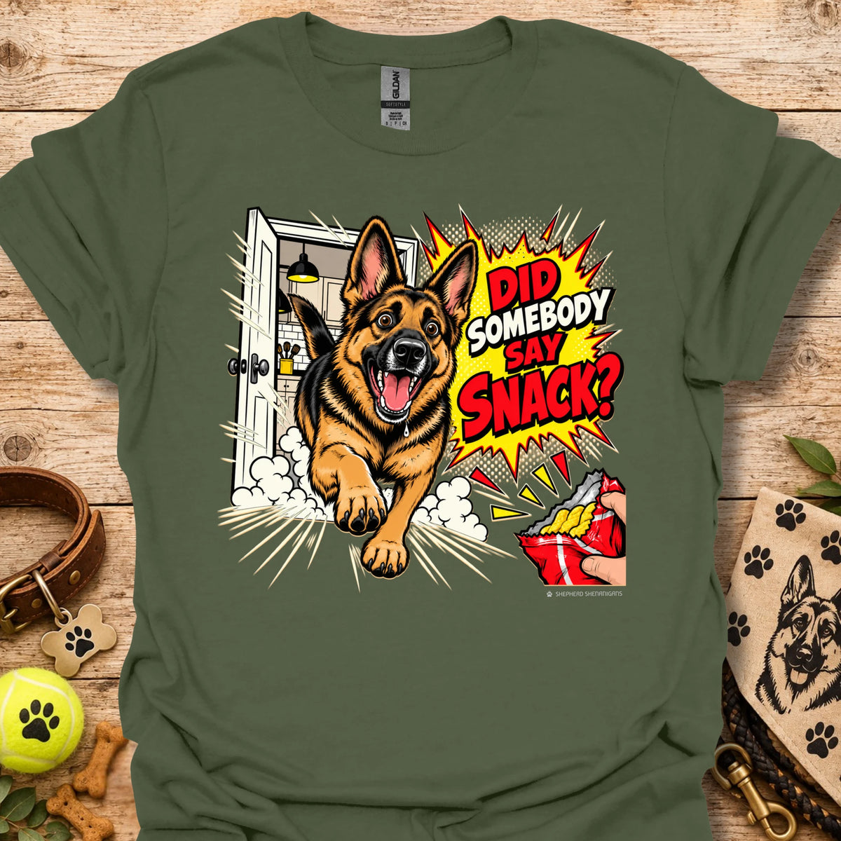 Military green t-shirt with German shepherd snack graphic