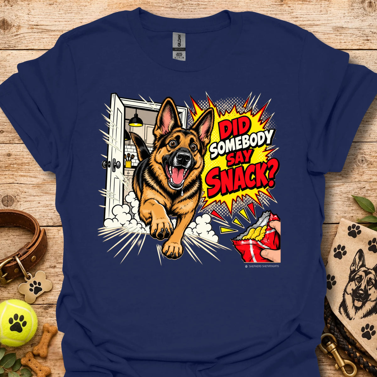 Navy t-shirt with German shepherd snack graphic