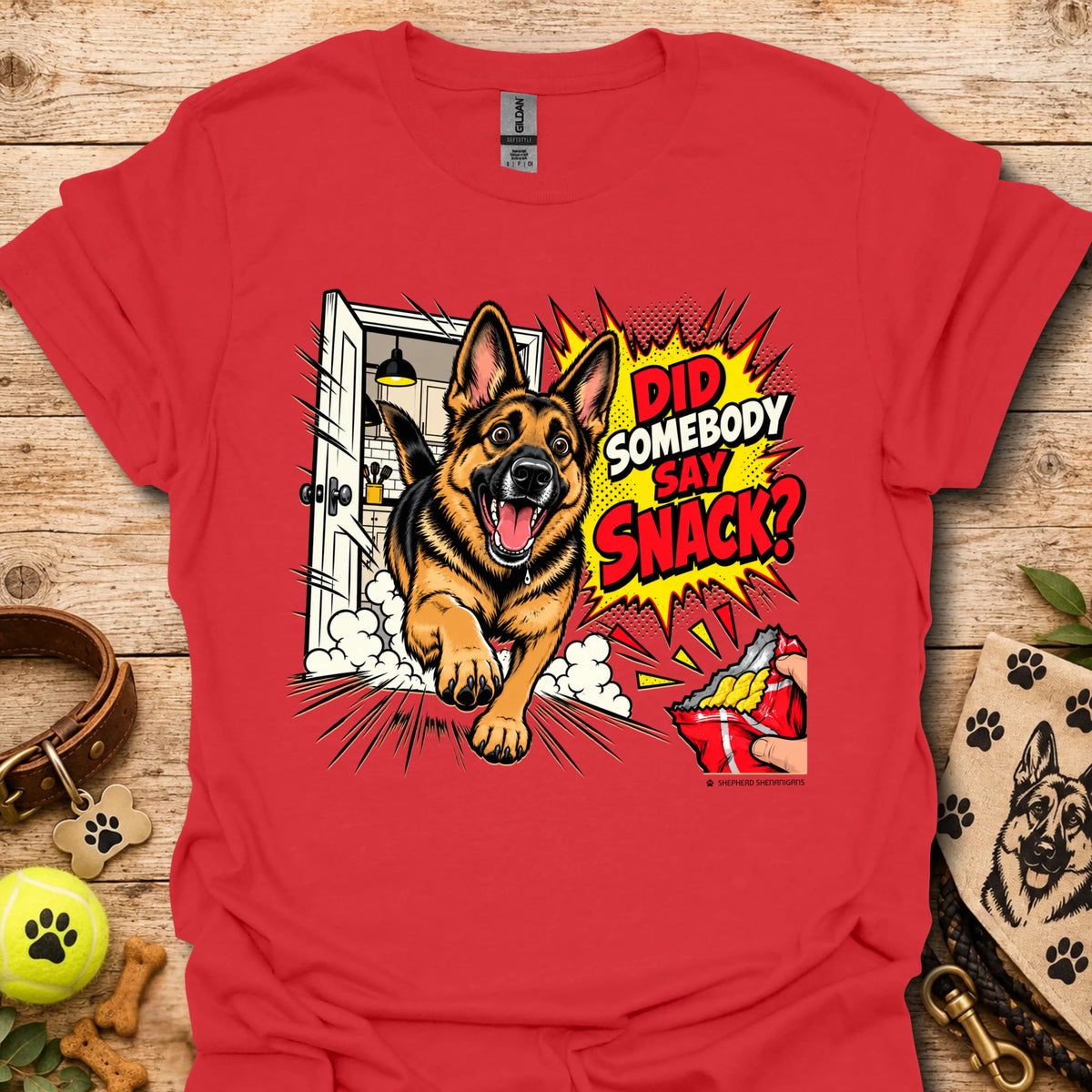 Red t-shirt with German shepherd snack graphic