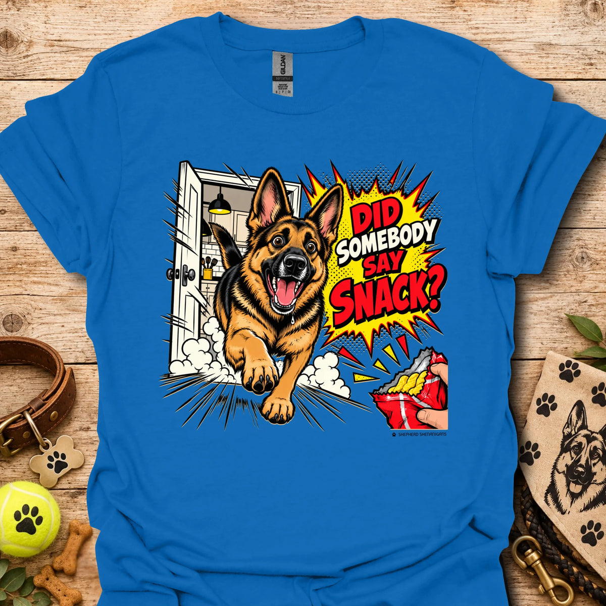 Royal blue t-shirt with German shepherd snack graphic