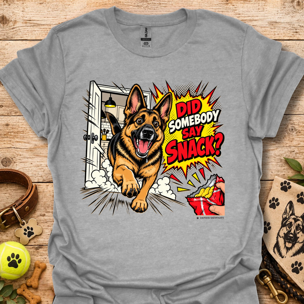 Sport grey t-shirt with German shepherd snack graphic