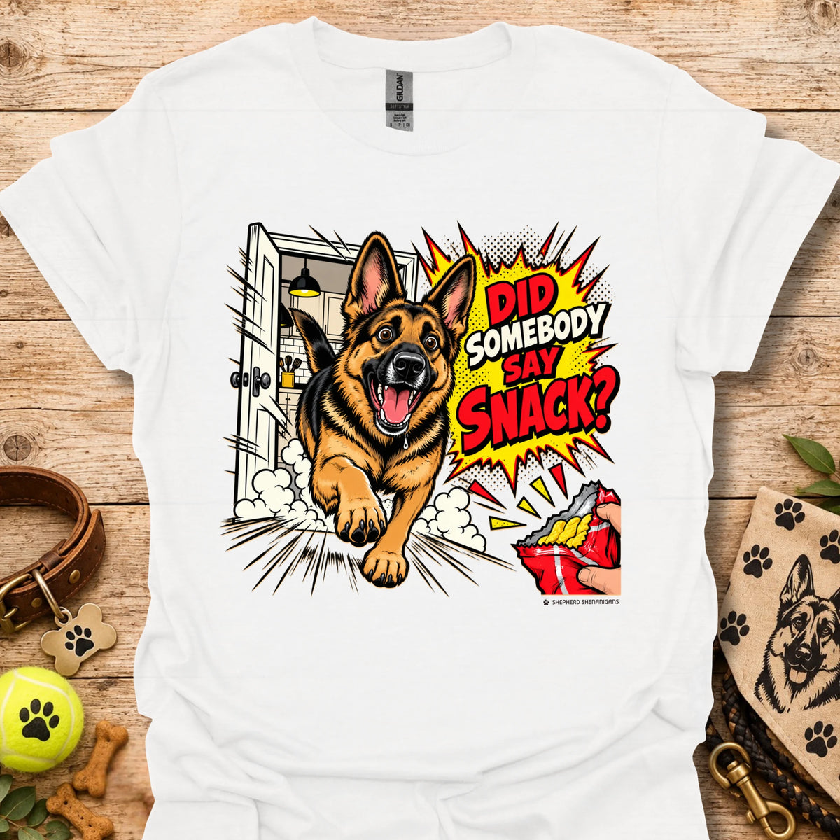 White t-shirt with German shepherd snack graphic